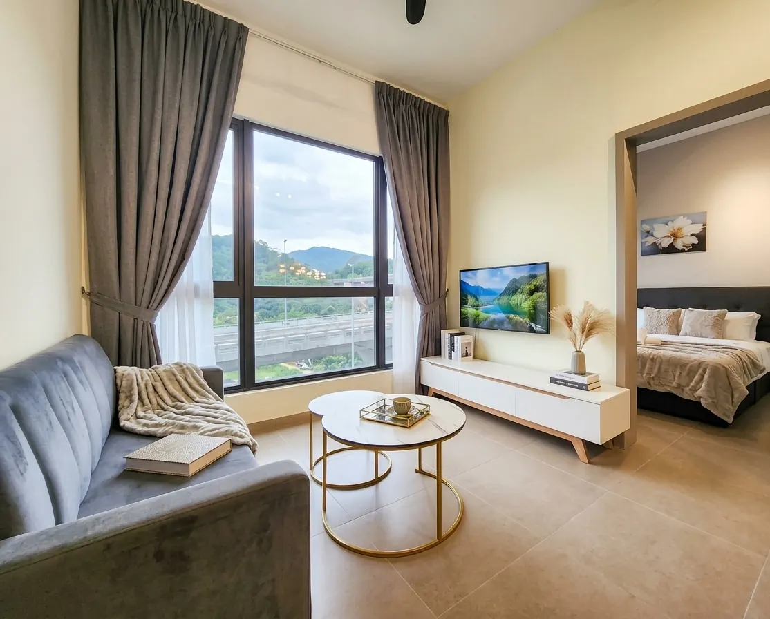 Modern apartment living room with skyline view