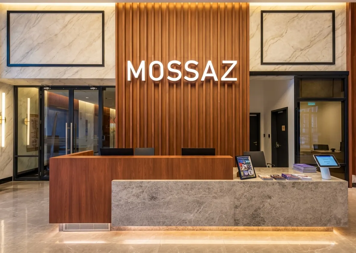 Mossaz lobby reception with signature wood and marble interior